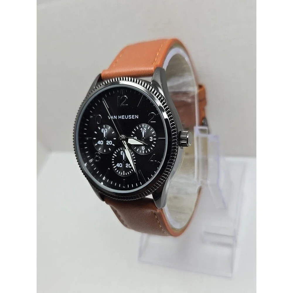 Van Heusen VAN5704RO Mens Black Multi Dial Leather Quartz Watch New Battery